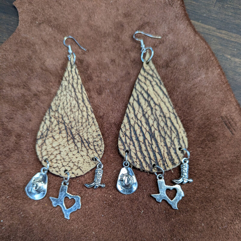 Bison Leather Teardrop With Silver Tone I Love Texas Charms