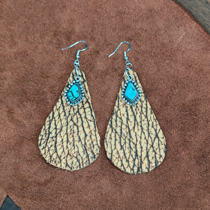 Bison Leather Teardrop With Antiqued Silver Tone & Faux Turquoise Earrings