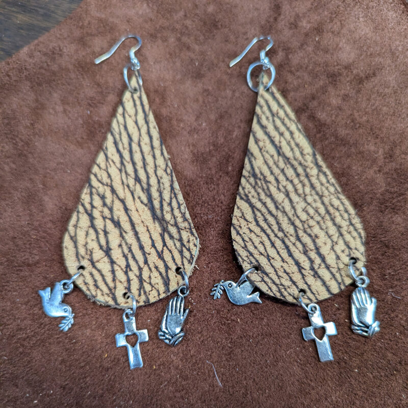 Bison Leather Teardrop With Silver Tone Faith Charms