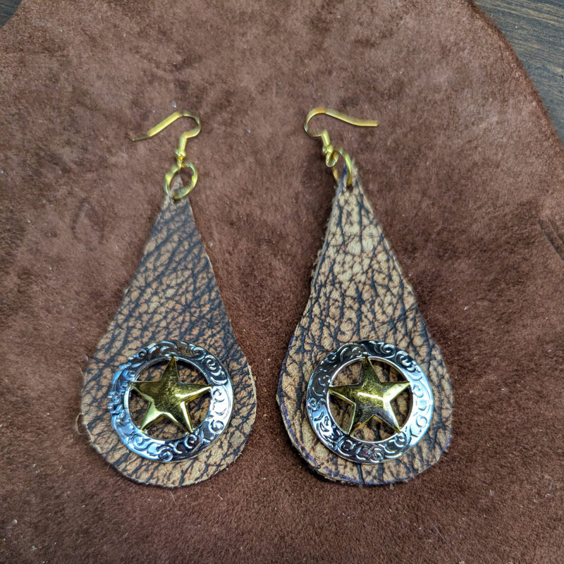 Bison Leather Teardrop With Texas Star Concho Earrings