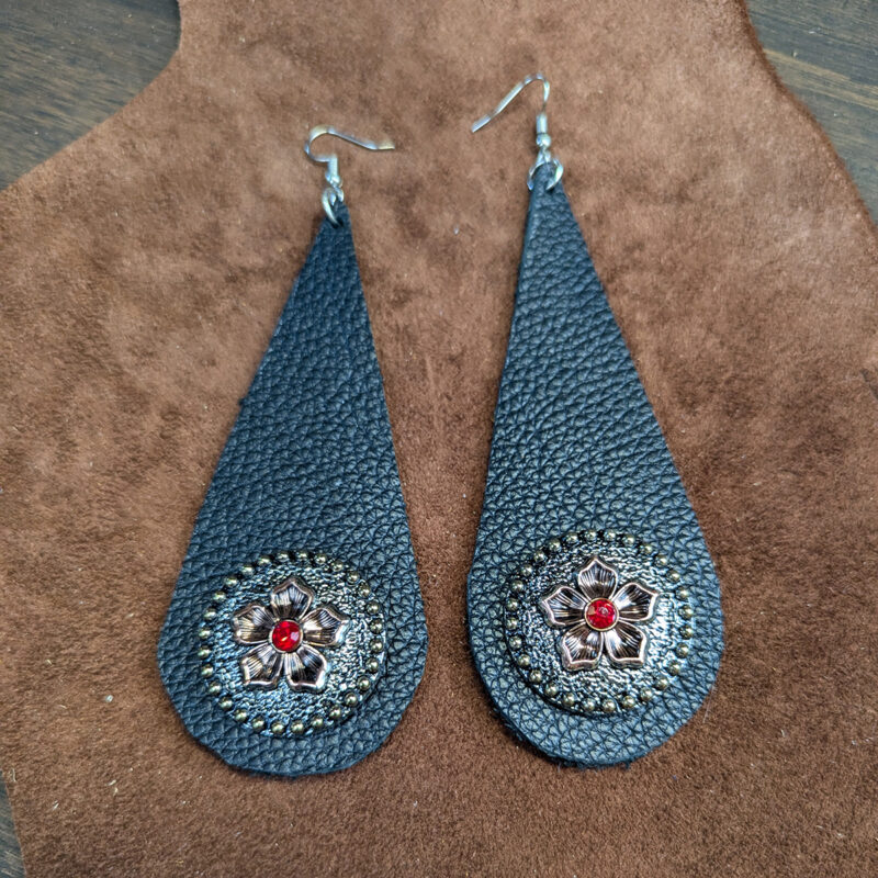 Black Pebbled Leather Teardrop With Red Rhinestone Blossom Concho Earrings