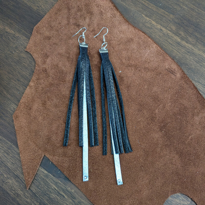 Black & Silver Leather Fringe Rhinestone Earrings