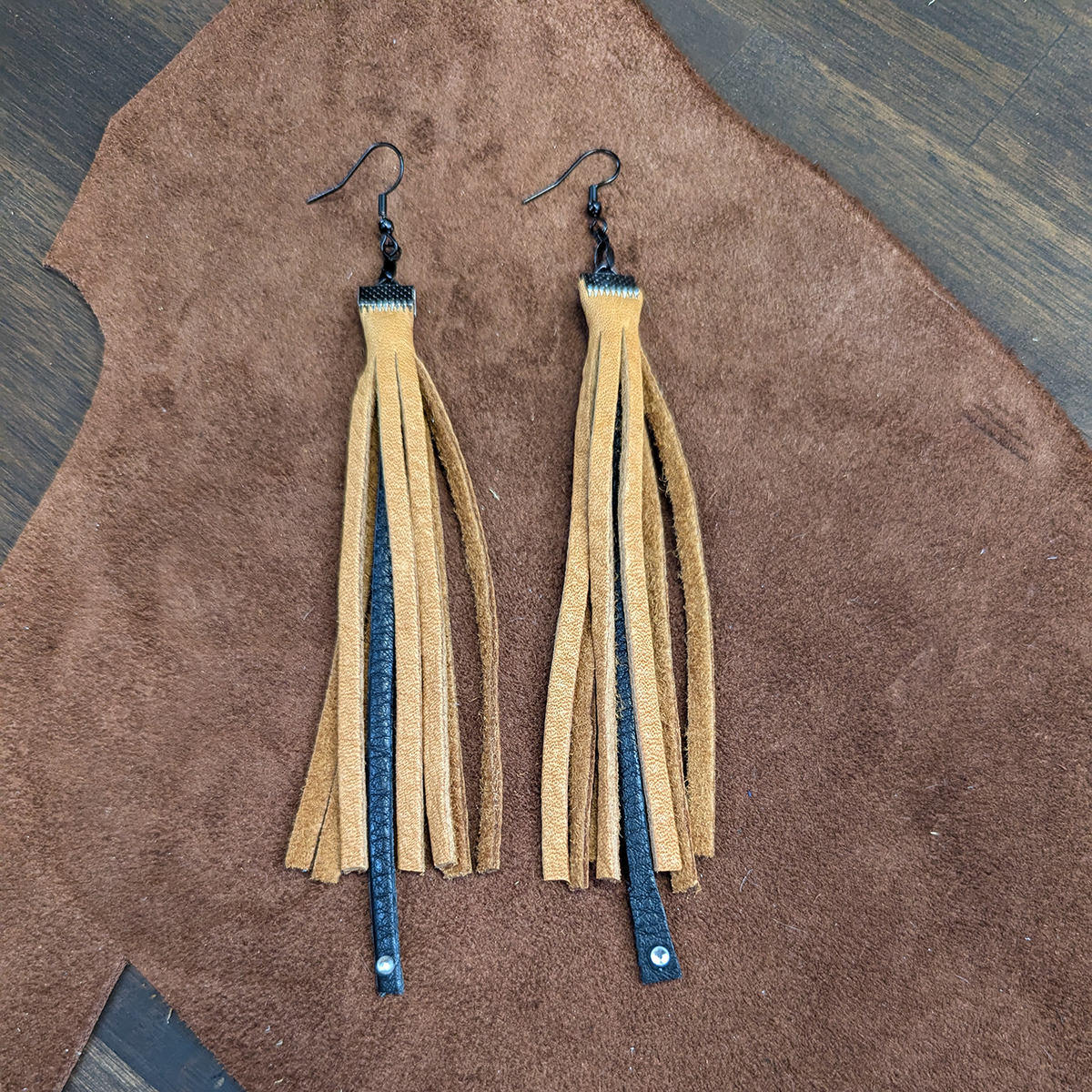 Tan & Black Leather Fringe Rhinestone Earrings