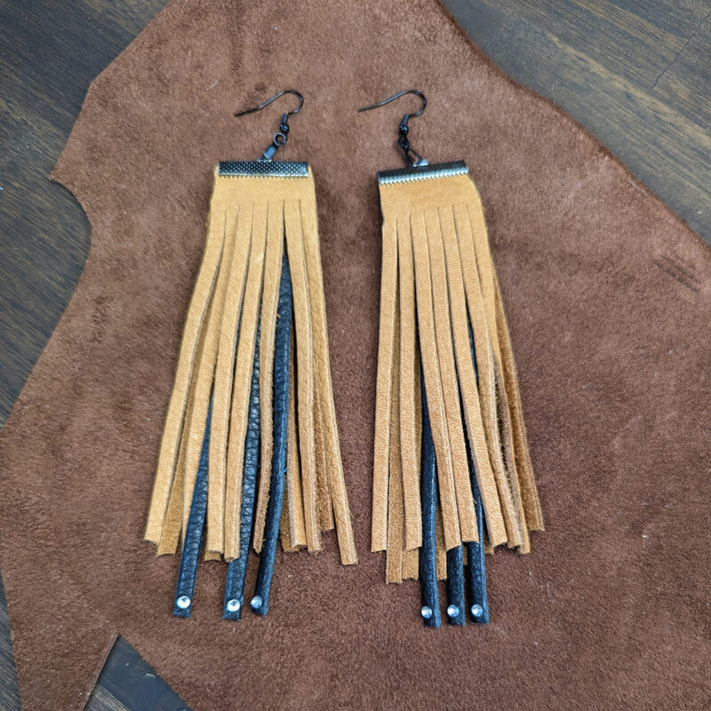 Tan & Black Leather Fringe Three Rhinestone Earrings