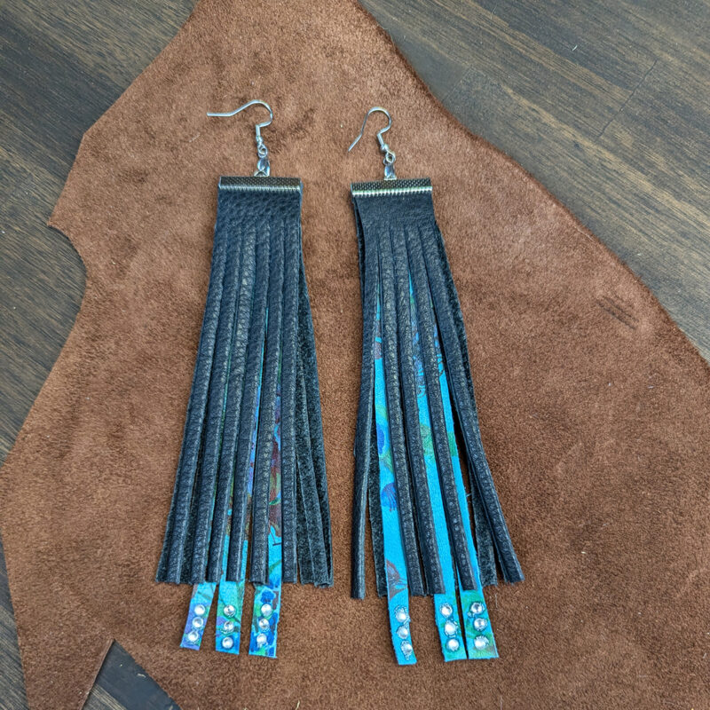 Black & Turquoise Floral Leather Fringe Rhinestone Earrings