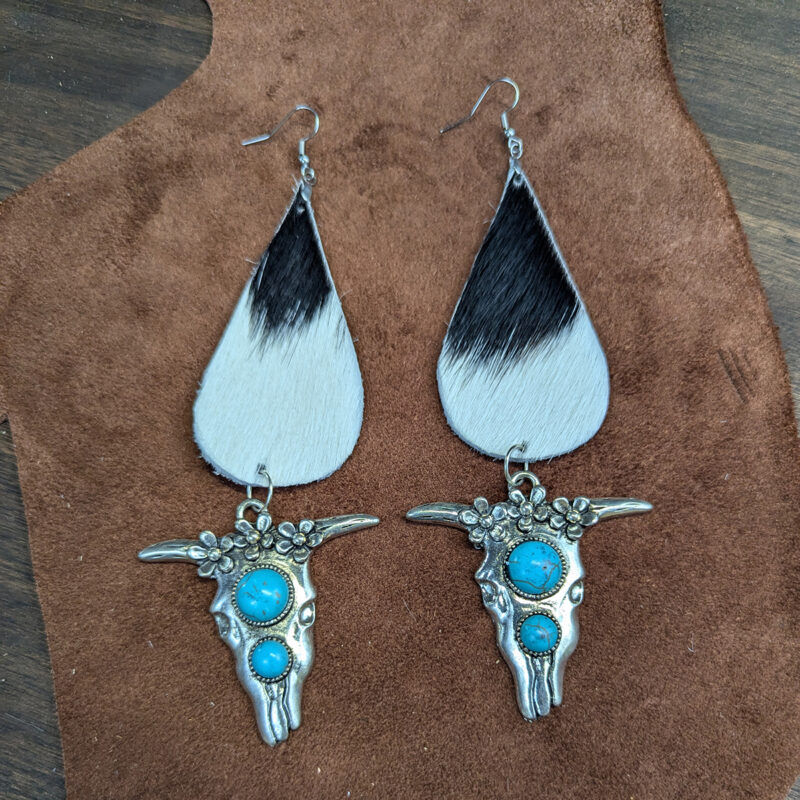 Black & White Hair On Hide Teardrop Silver Tone & Faux Turquoise Cow Skull Earrings