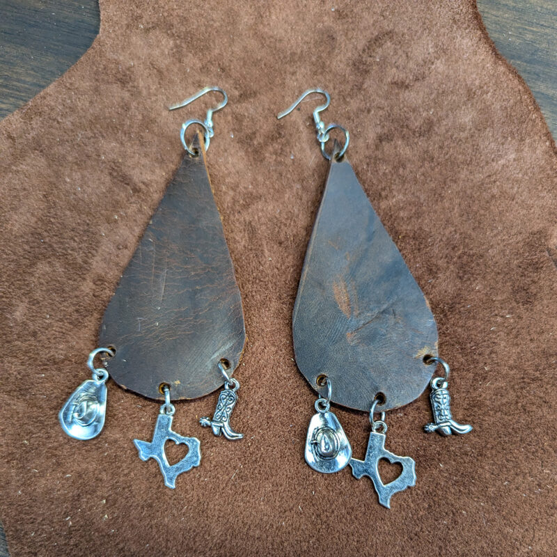 Distressed Leather Teardrop With Silver Tone I Love Texas Charm Earrings