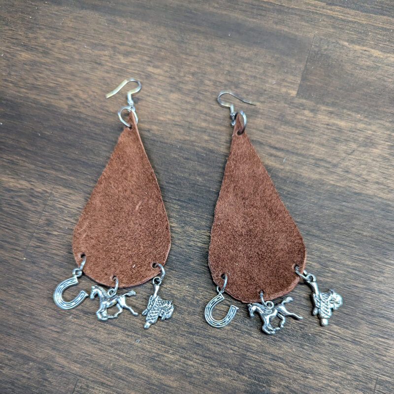 Suede Teardrop With Silver Tone Cowboy Charm Earrings