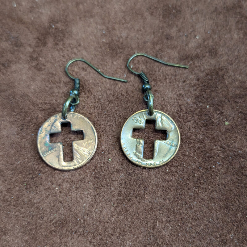 Distressed Copper Penny Cutout Cross Earrings