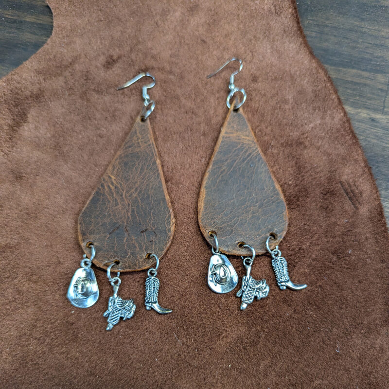 Distressed Leather Teardrop With Silver Tone Cowboy Charm Earrings