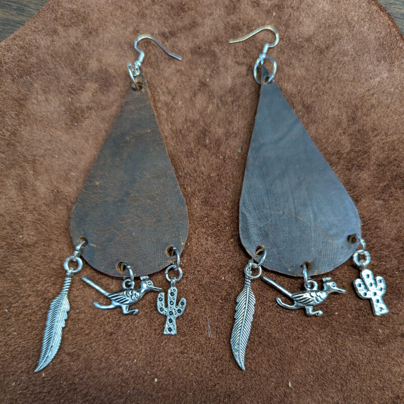 Distressed Leather Teardrop With Silver Tone Desert Charm Earrings