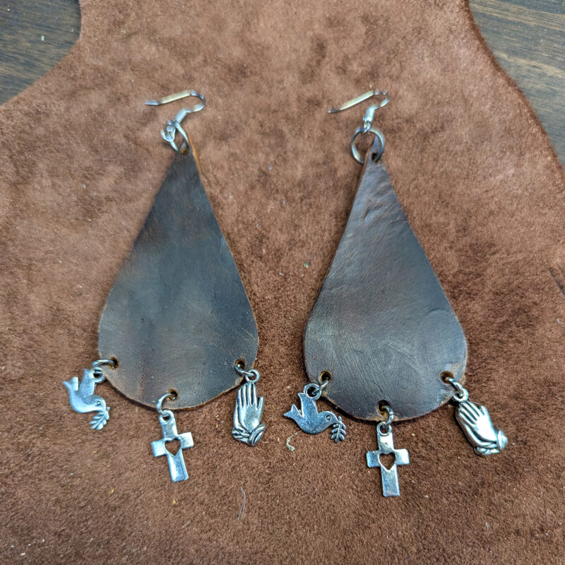 Distressed Leather Teardrop With Silver Tone Faith Charm Earrings