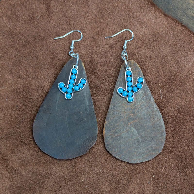 Distressed Leather Teardrop With Faux Turquoise Beaded Silver Tone Cactus