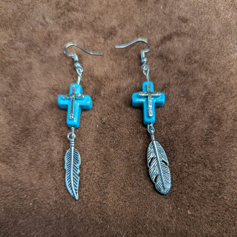Faux Turquoise & Silver Tone Cross With Feather Dangle Earrings