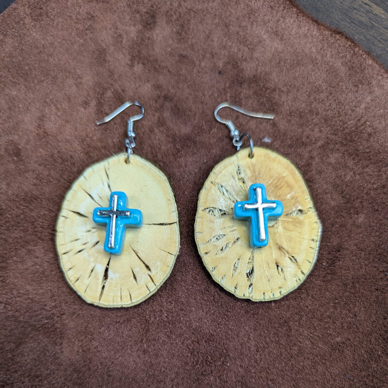 Huisache Wood With Faux Turquoise & Silver Tone Cross Earrings