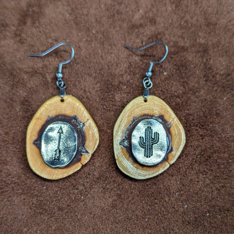 Juniper Wood With Silver Tone Cactus & Arrow Earrings