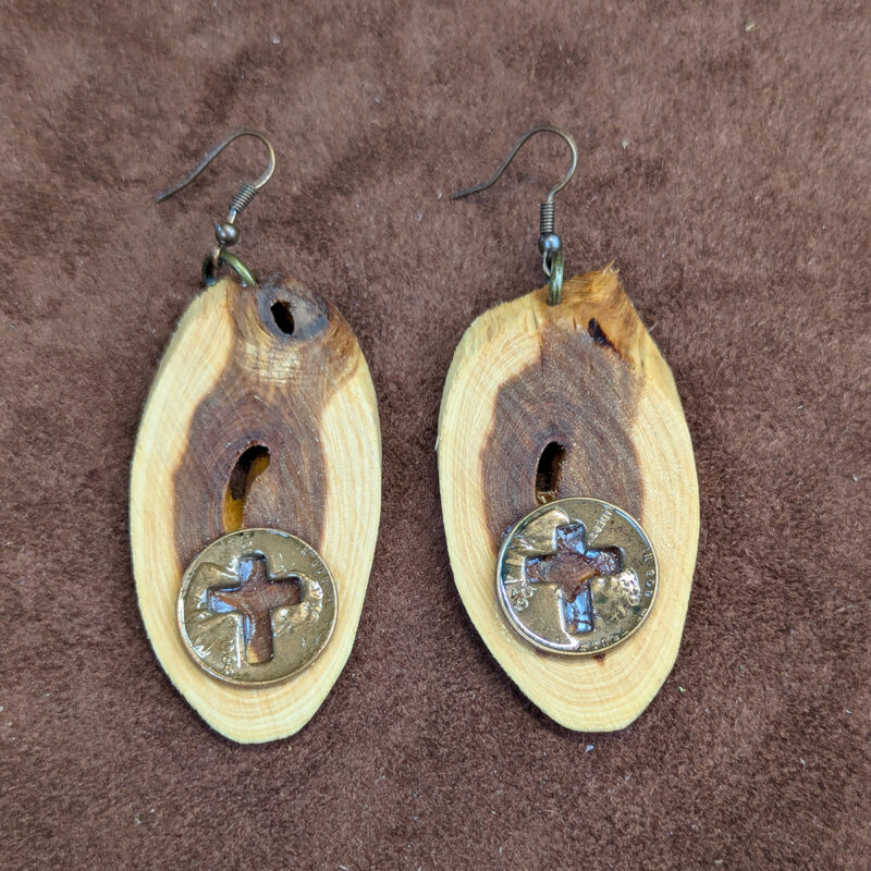 Juniper Wood With Copper Penny Cutout Cross Oval Earrings