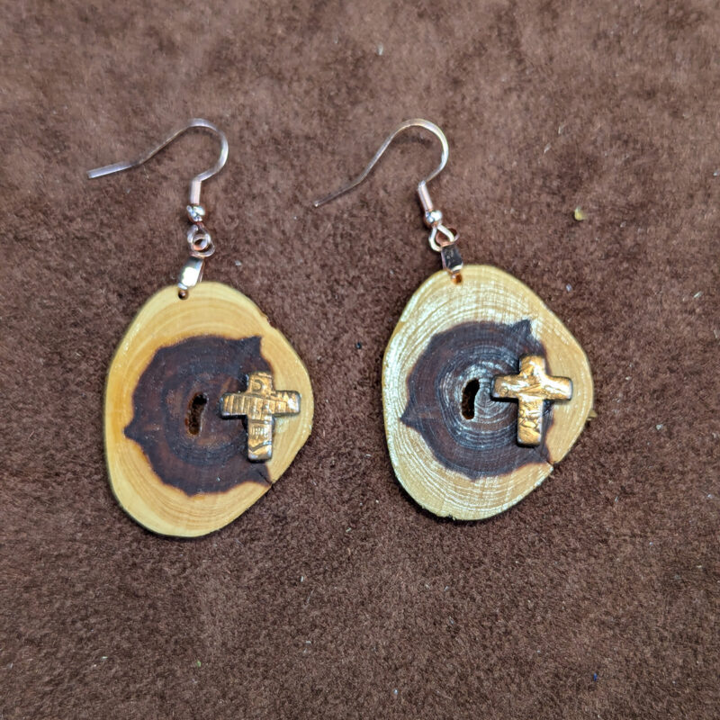 Juniper Wood With Copper Penny Cross Earrings