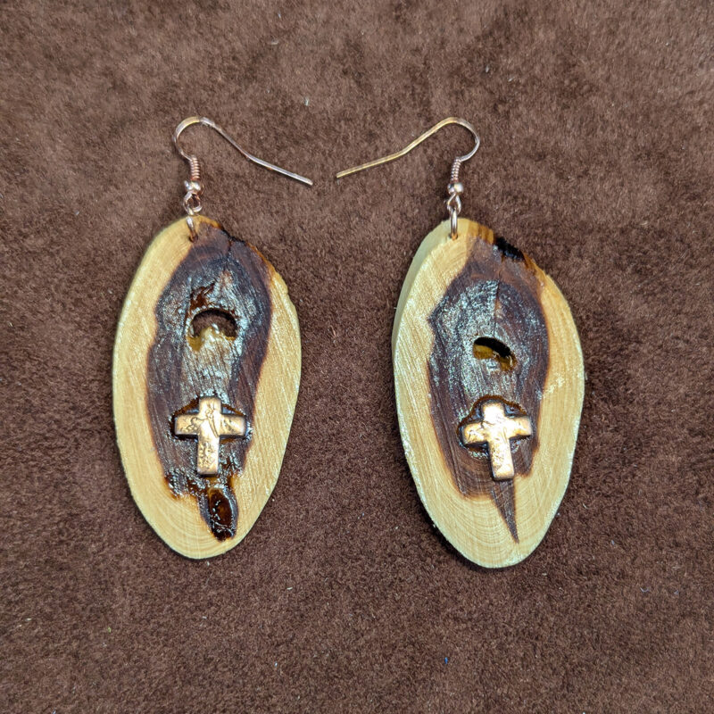 Juniper Wood With Copper Penny Cross Oval Earrings