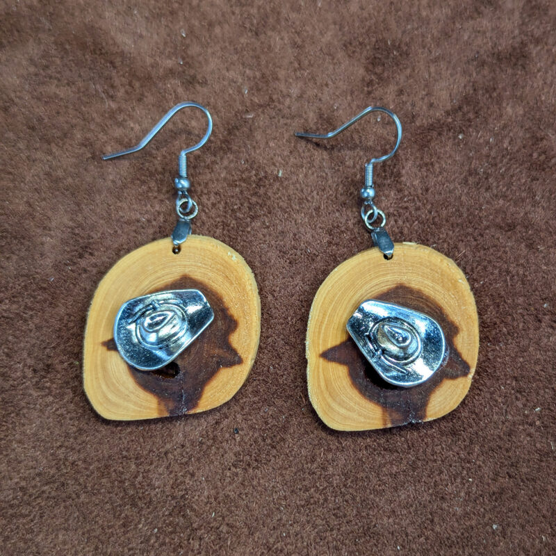 Juniper Wood With Silver Tone Cowboy Hat Earrings