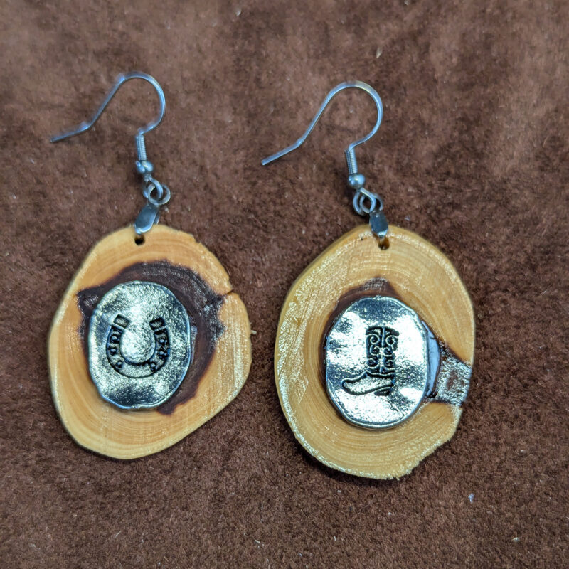 Juniper Wood With Silver Tone Horseshoe & Cowboy Boot Earrings