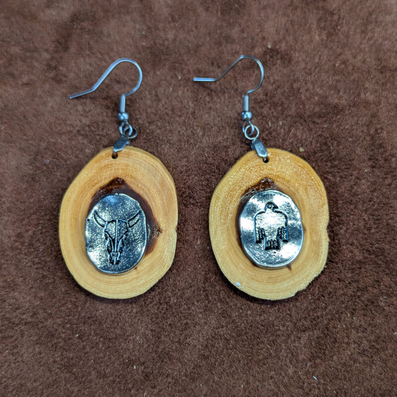 Juniper Wood With Silver Tone Bison & Bird Charm Earrings
