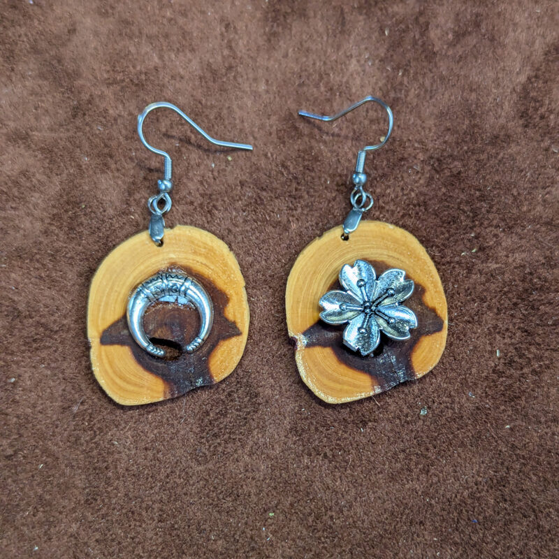 Juniper Wood With Silver Tone Blossom & Ring Charm Earrings