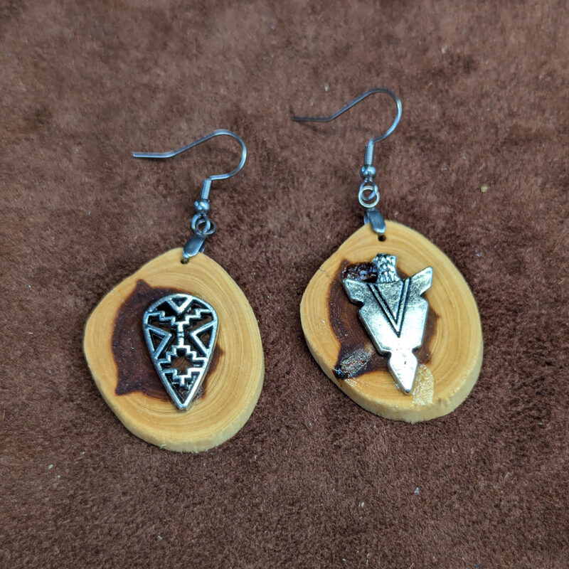 Juniper Wood With Silver Tone Shield & Arrow Charm Earrings