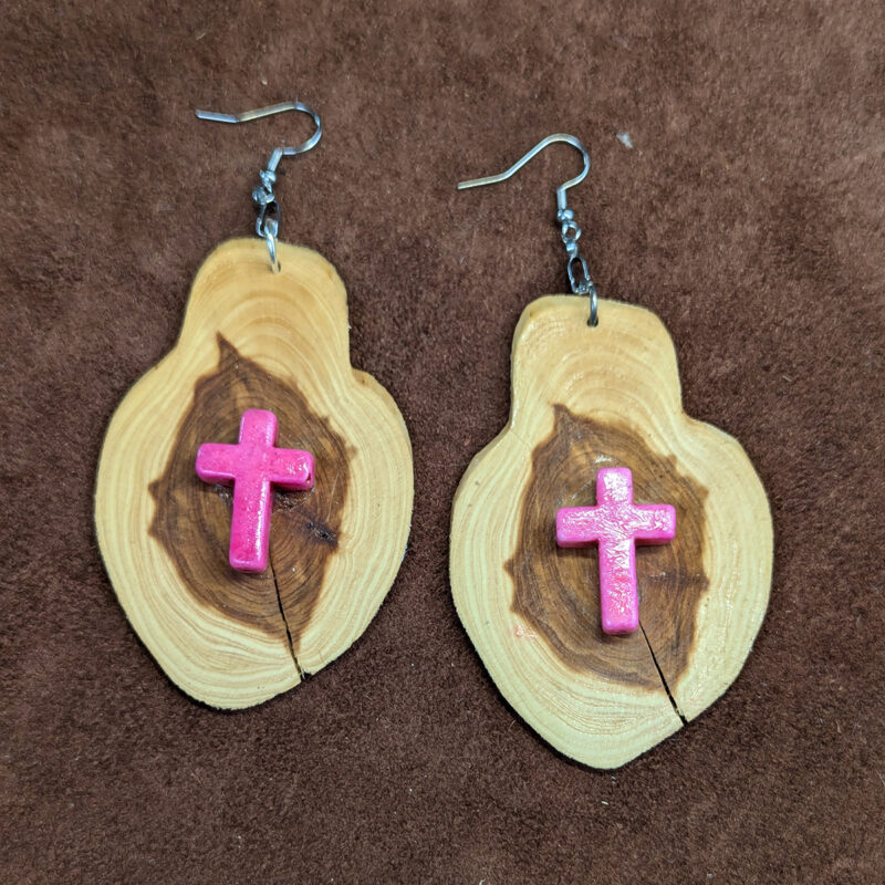 Juniper Wood With Pink Cross Earrings