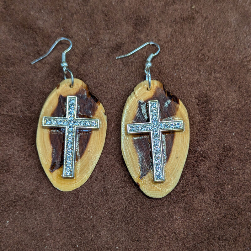 Juniper Wood Rhinestone Cross Earrings