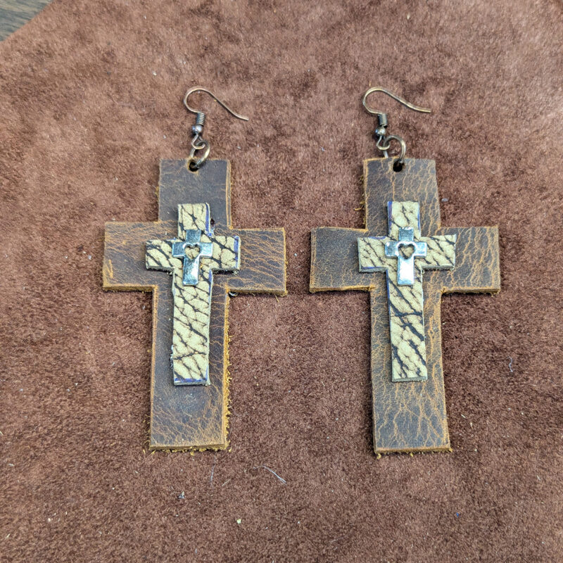 Leather & Silver Tone Heart Cross Earrings
