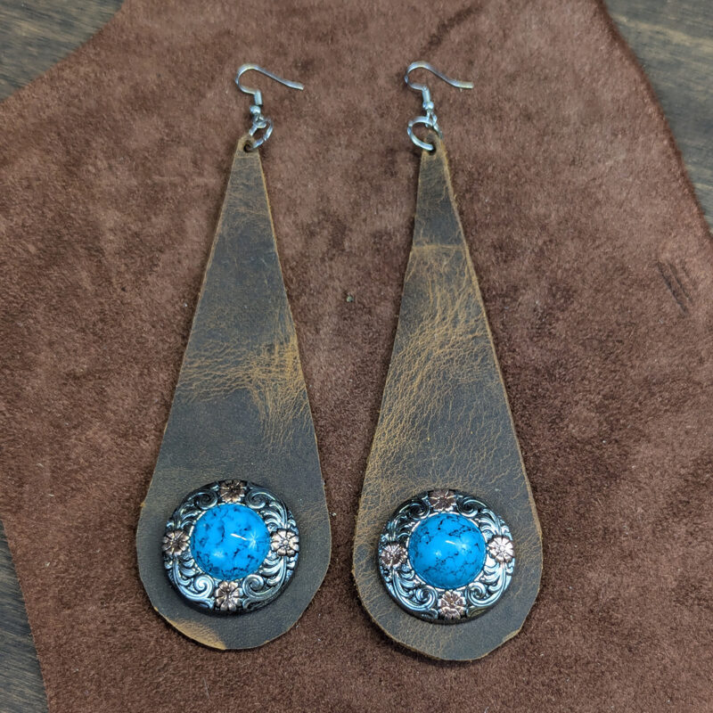 6" Distressed Leather Teardrop With Faux Turquoise Concho