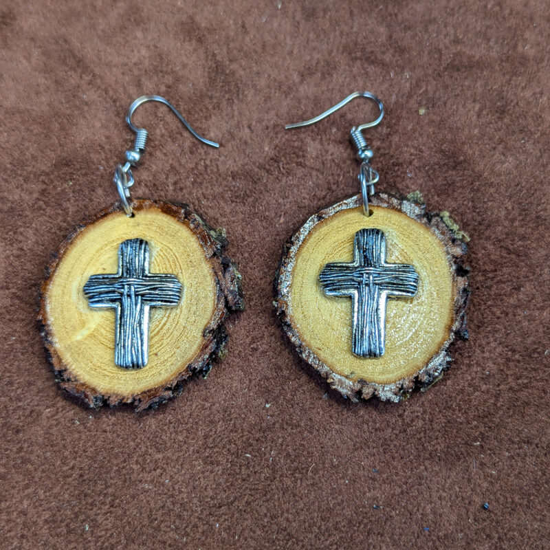 Mesquite Wood & Silver Tone Cross Earrings
