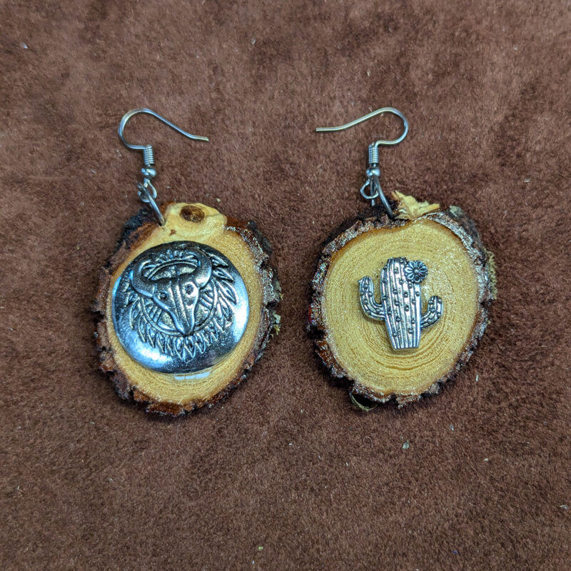 Mesquite Wood With Bison Shield & Cactus Charm Earrings