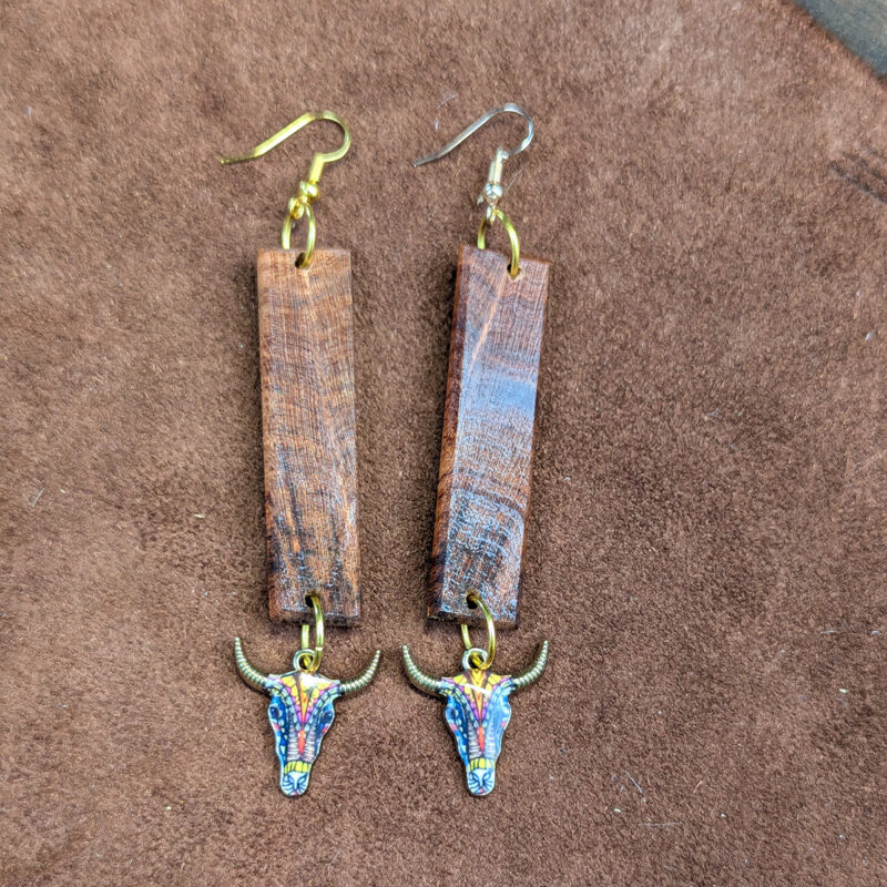 Mesquite & Enamel Cow Skull Dangle Earrings