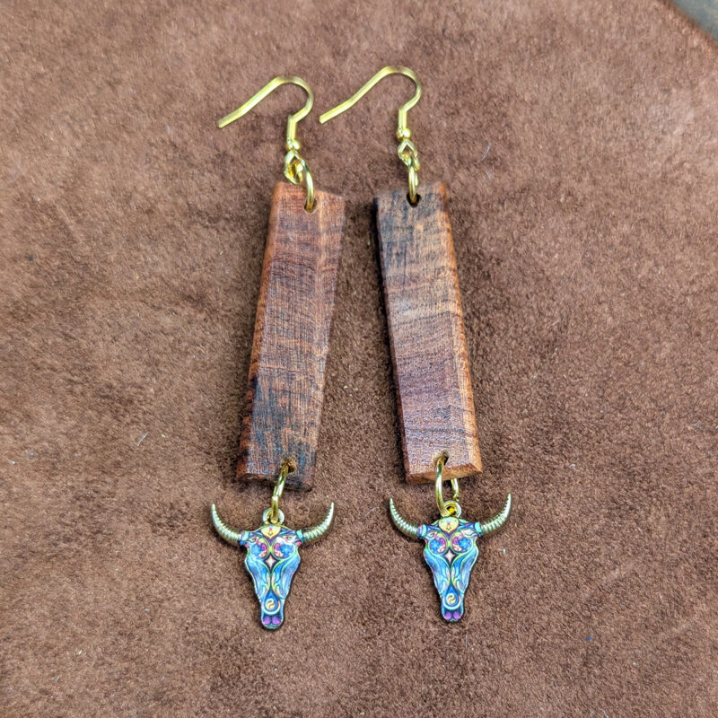 Mesquite & Enamel Cow Skull Dangle Earrings - Image 2