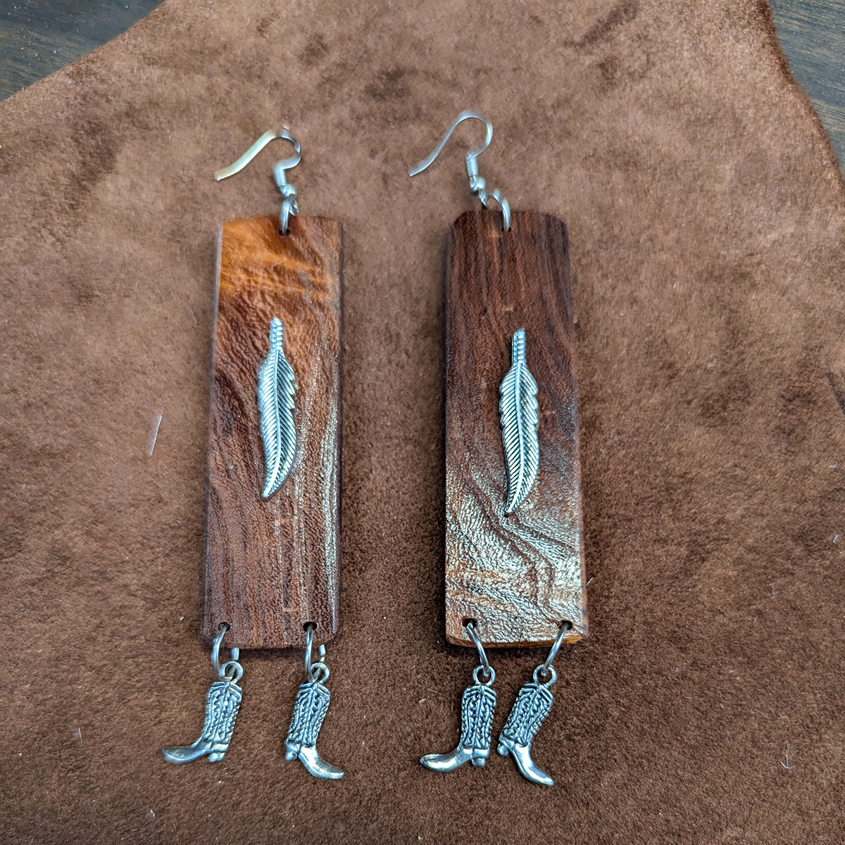 Mesquite Feather & Cowboy Boot Charm Dangle Earrings