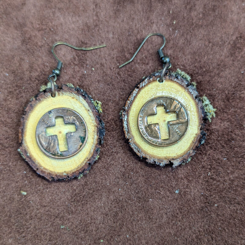Mesquite Wood & Copper Penny Cross Cutout Earrings