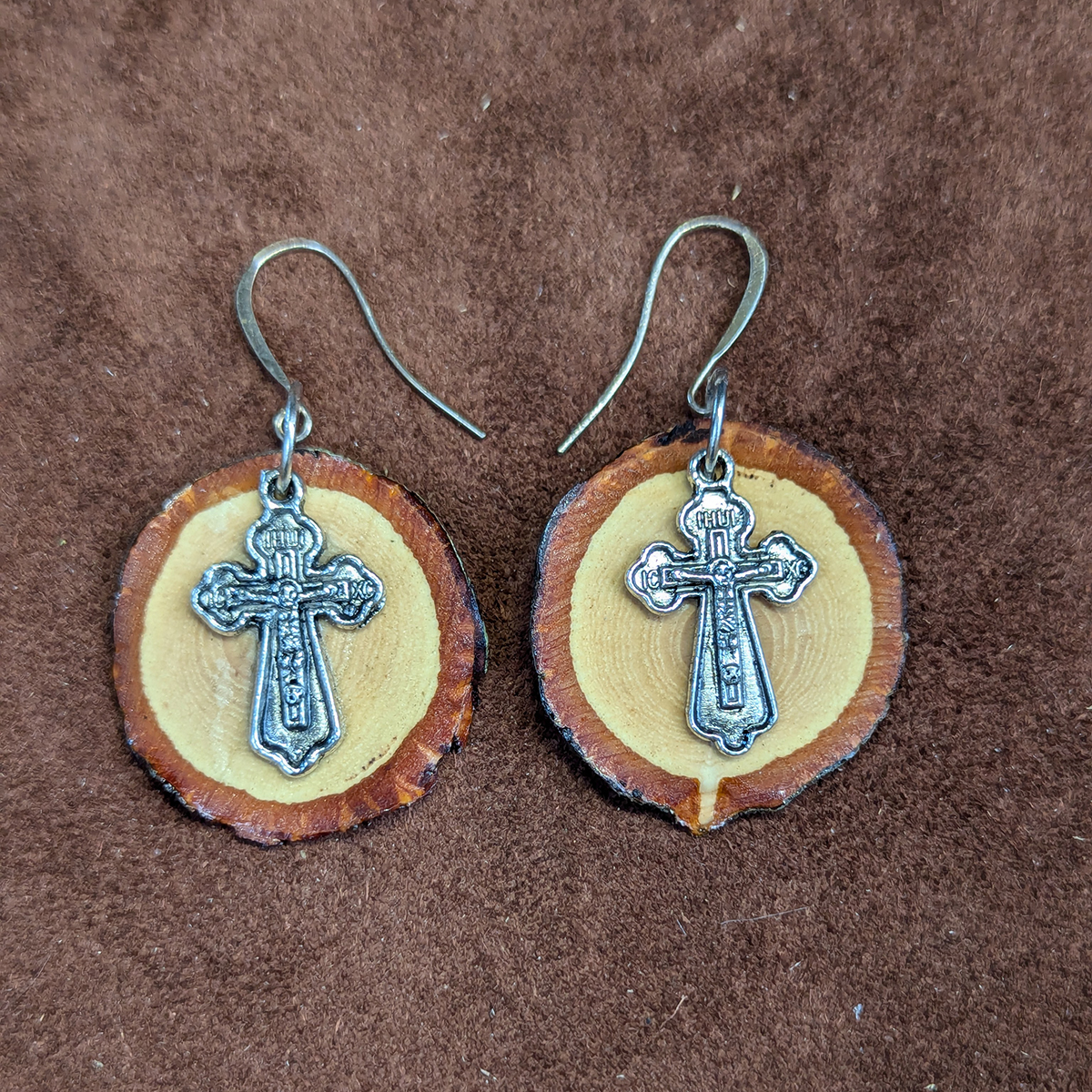 Pecan With Silver Tone Cross Earrings