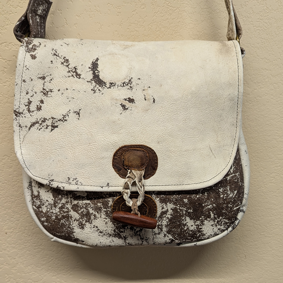 Brown & White Raw Hide Leather Shoulder Handbag