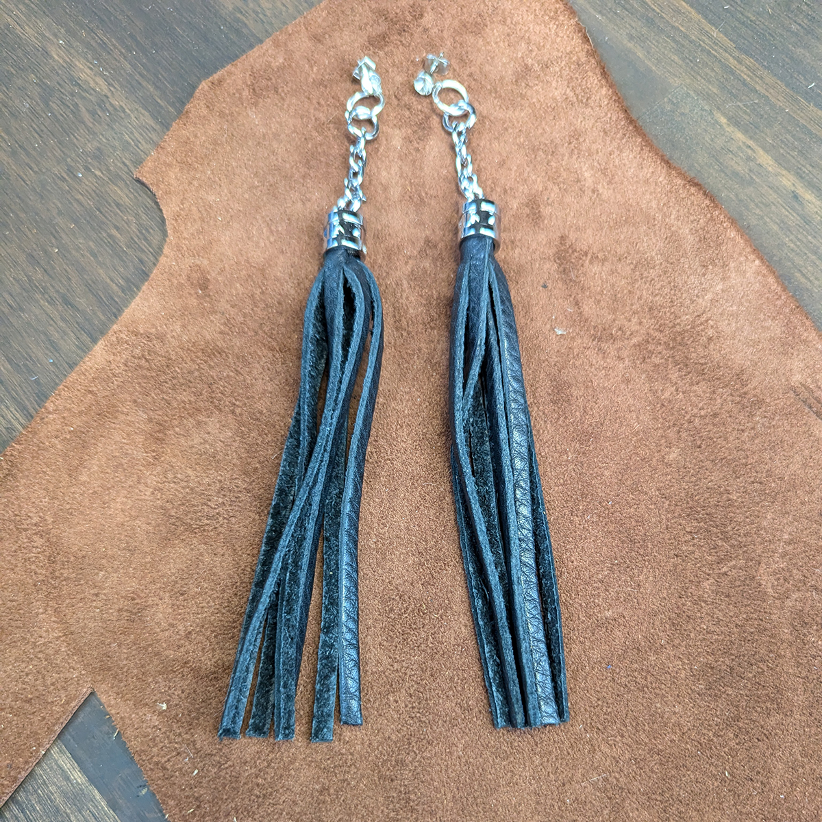 Rhinestone Stud & Black Fringe Dangle Earrings