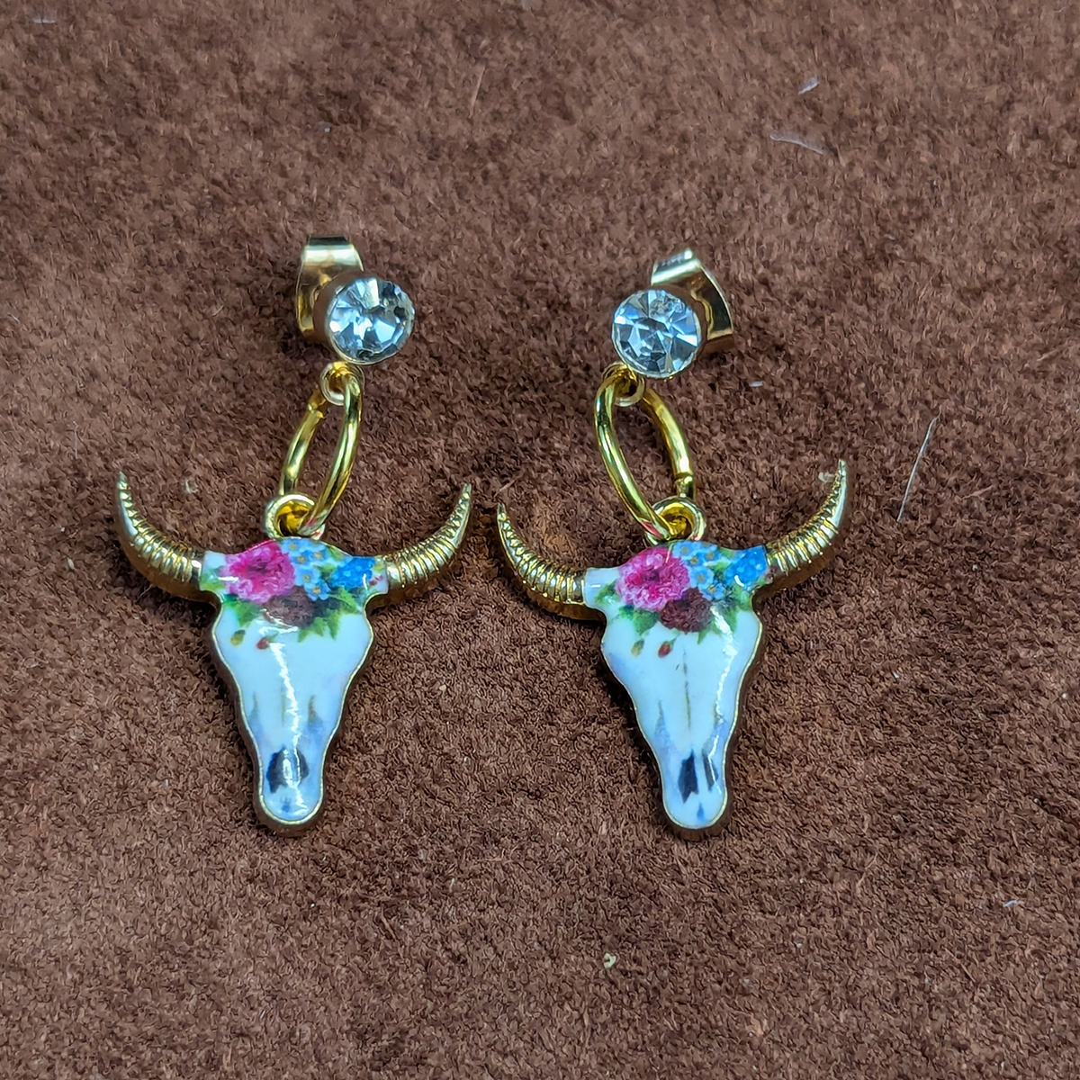Rhinestone Stud & Enamel Floral Cow Skull Earrings