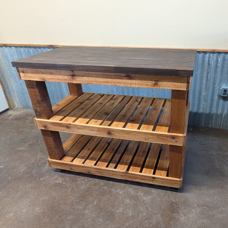 Rough Western Cedar & Acacia Wood Butcher Block Rolling Table <br><br><b>$749 – Add To Cart For Shipping Quote</b>