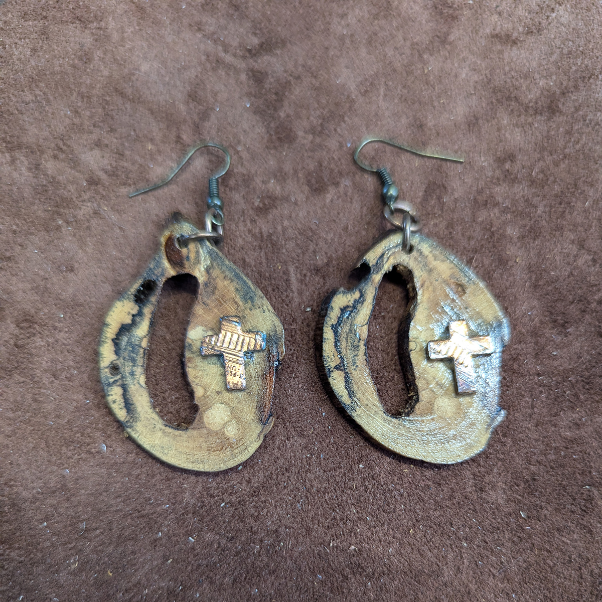Weathered Mesquite With Copper Cross Earrings