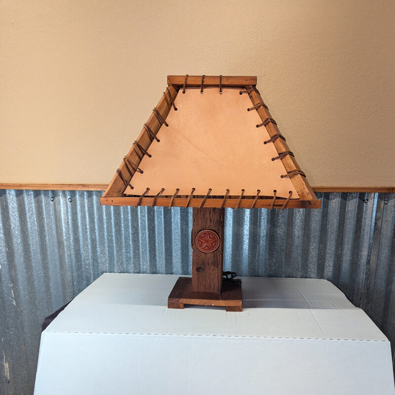 Western Cedar Lamp With Hand Tooled Leather Medallions
