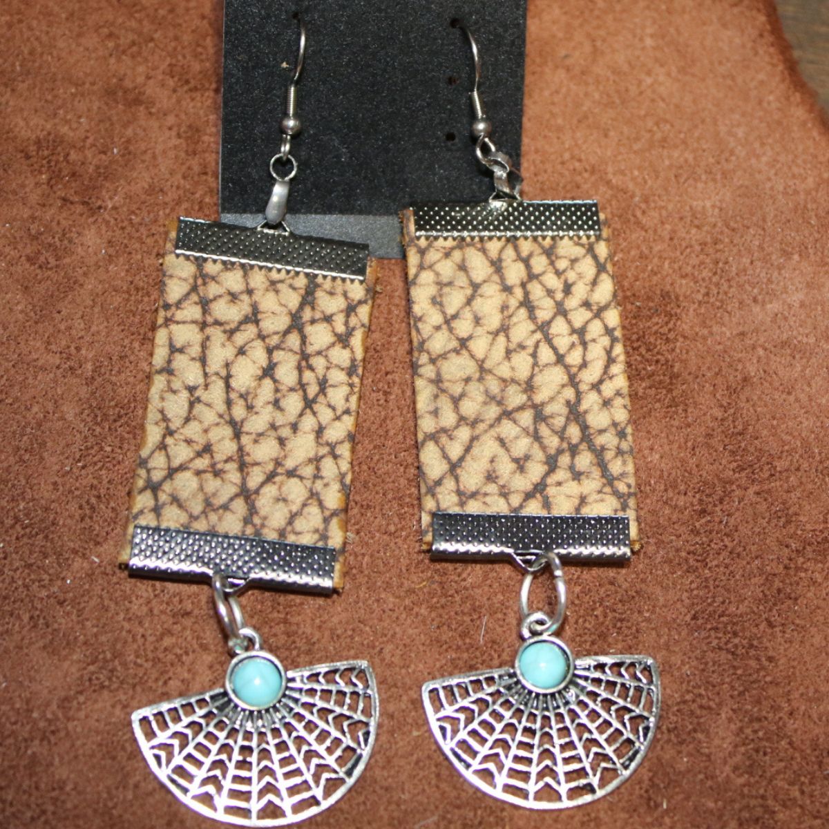 Bison Leather Faux Turquoise Filigree Fan Earrings