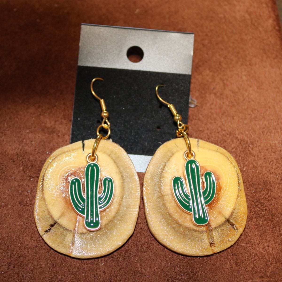 Chinaberry Wood with Enameled Saguaro Cactus Charm Earrings
