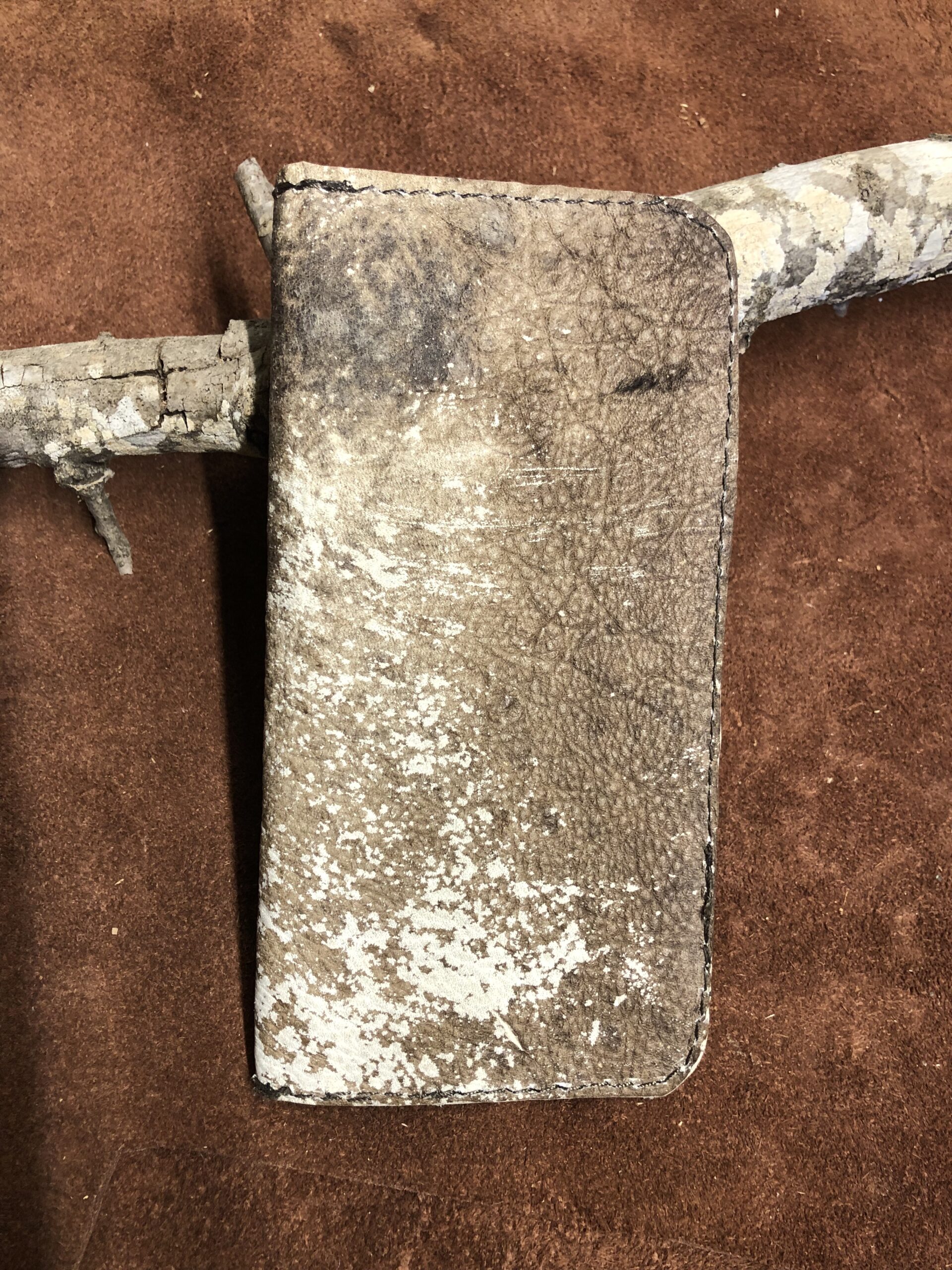 Brown and White Leather Wallet with Black Stitching, Real Cowhide