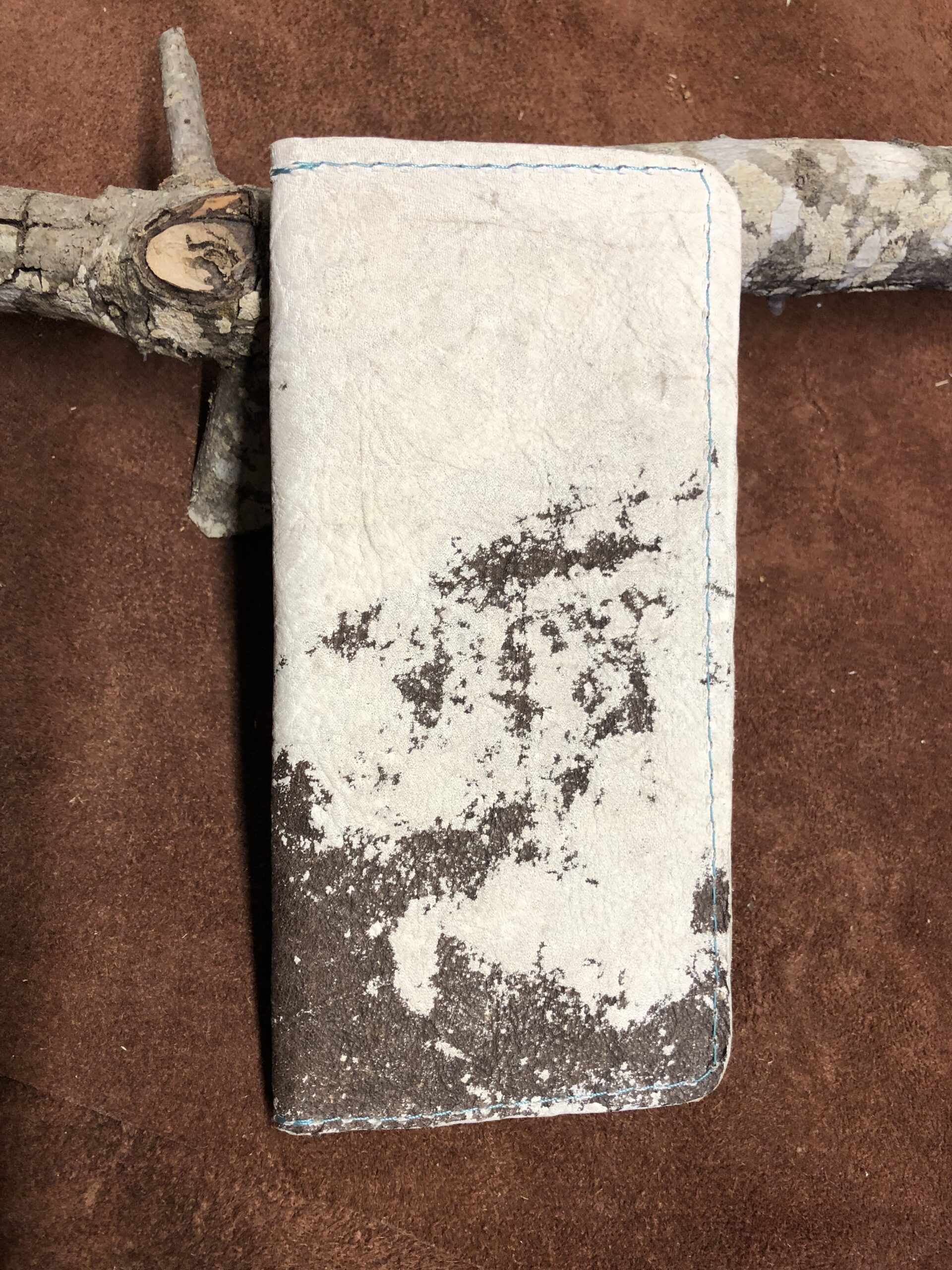 Brown and White Leather Wallet with Turquoise Stitching, Real Cowhide