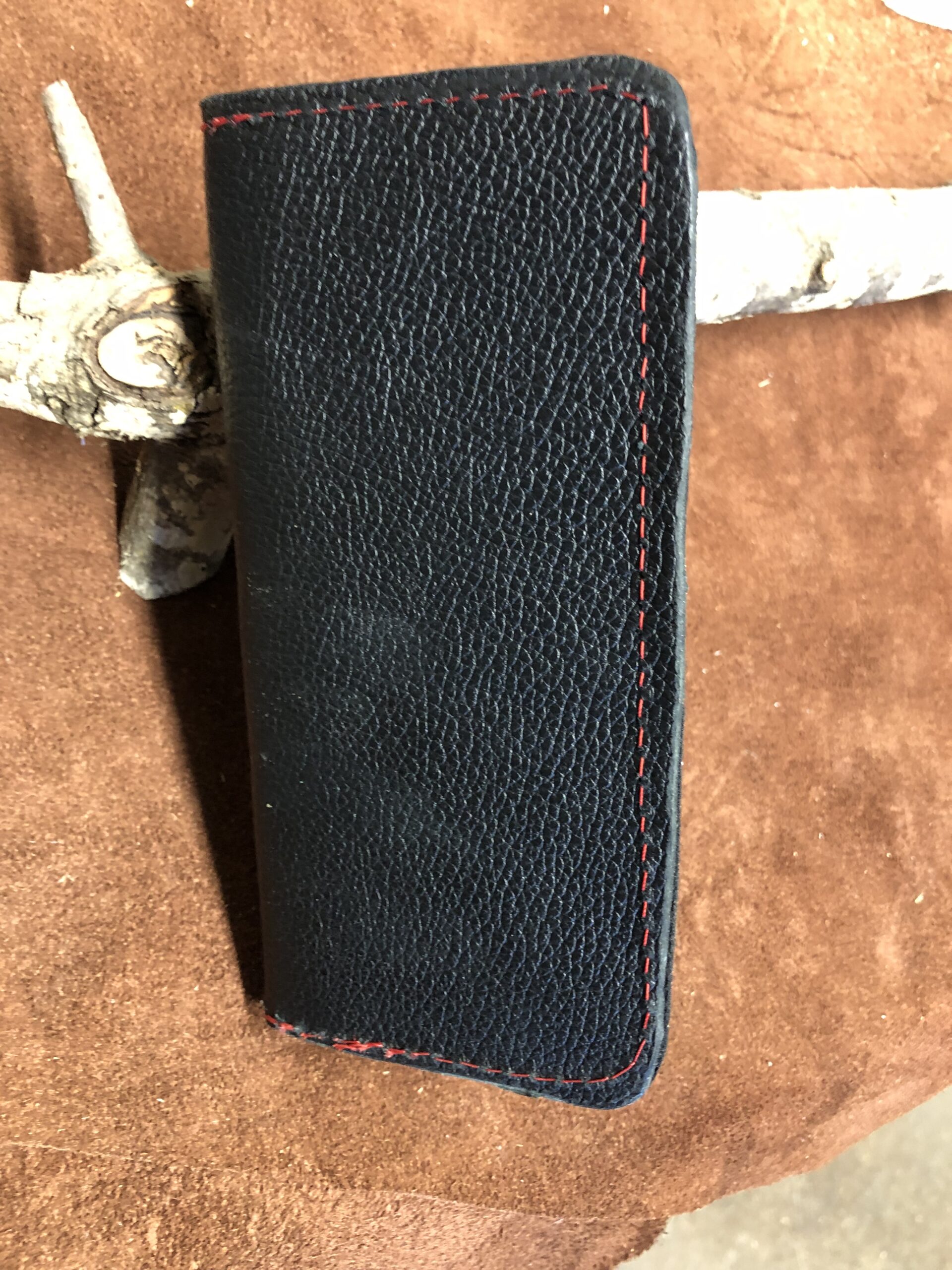 Real Black Pebbled Leather Wallet with Red Stitching